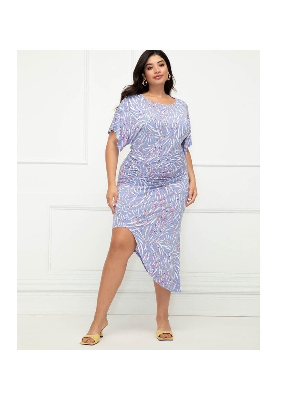Eloquii Elements Ruched Midi Dress Dolman Sleeve Asymmetrical Floral Sz 22/24